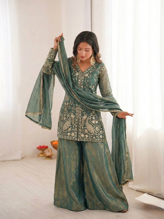 FENDY SILK DESIGNER WEAR EMBROIDERED TOP PLAZZO AND DUPATTA