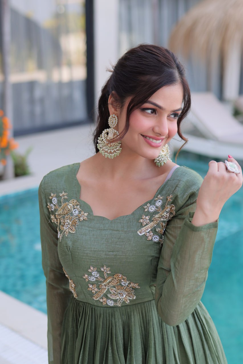 Oliver Green Colour Designer Anarkali Gown