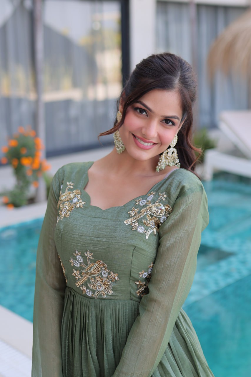Oliver Green Colour Designer Anarkali Gown
