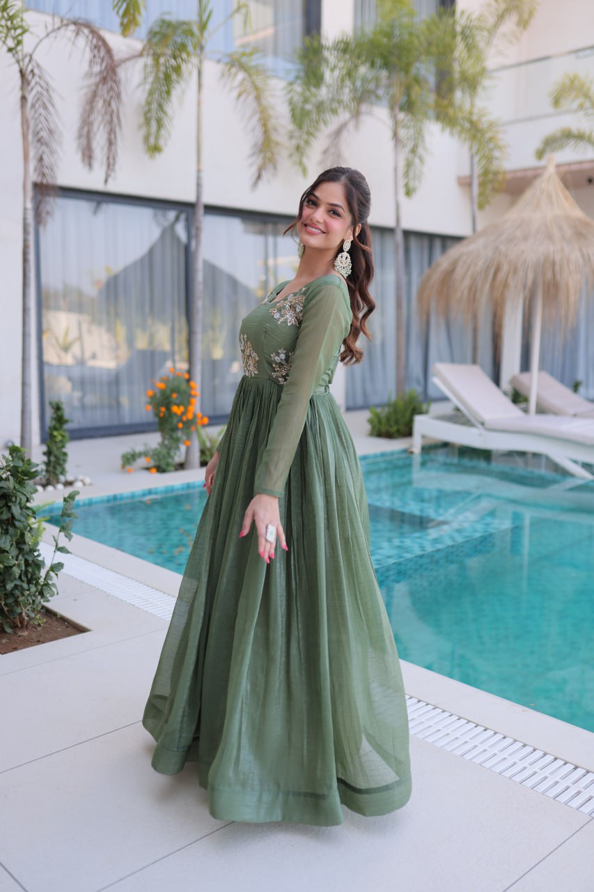 Oliver Green Colour Designer Anarkali Gown
