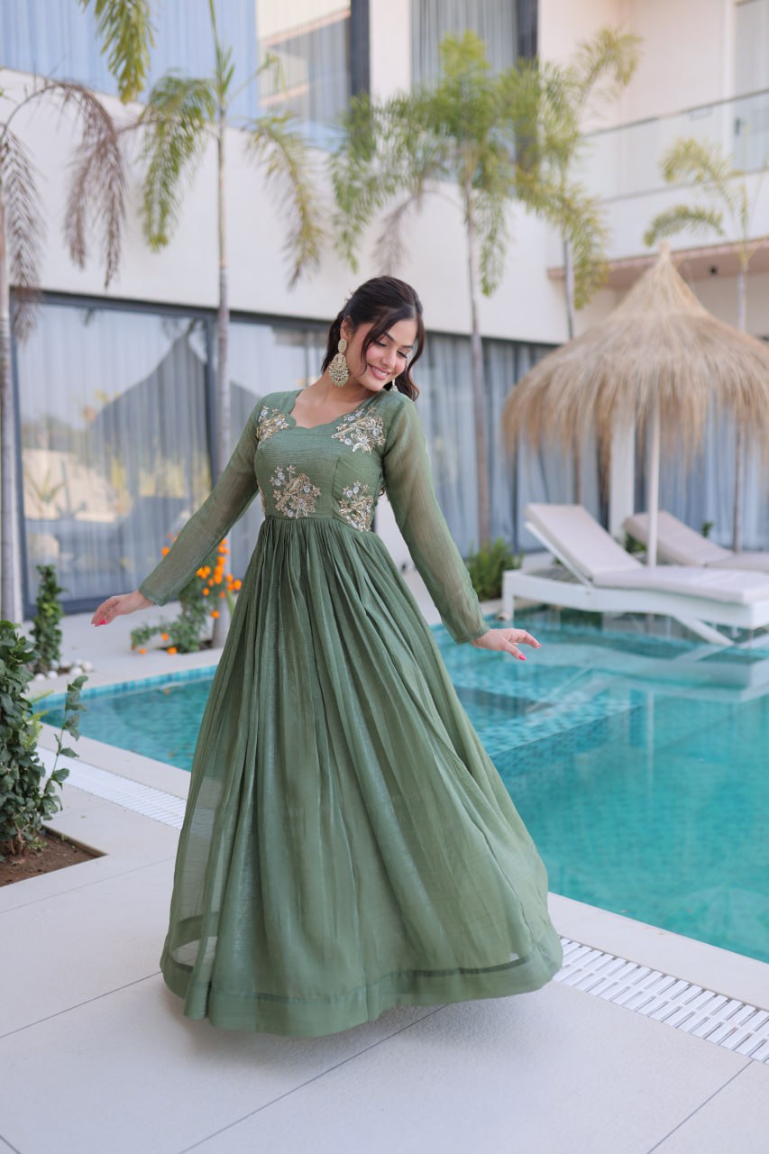Oliver Green Colour Designer Anarkali Gown