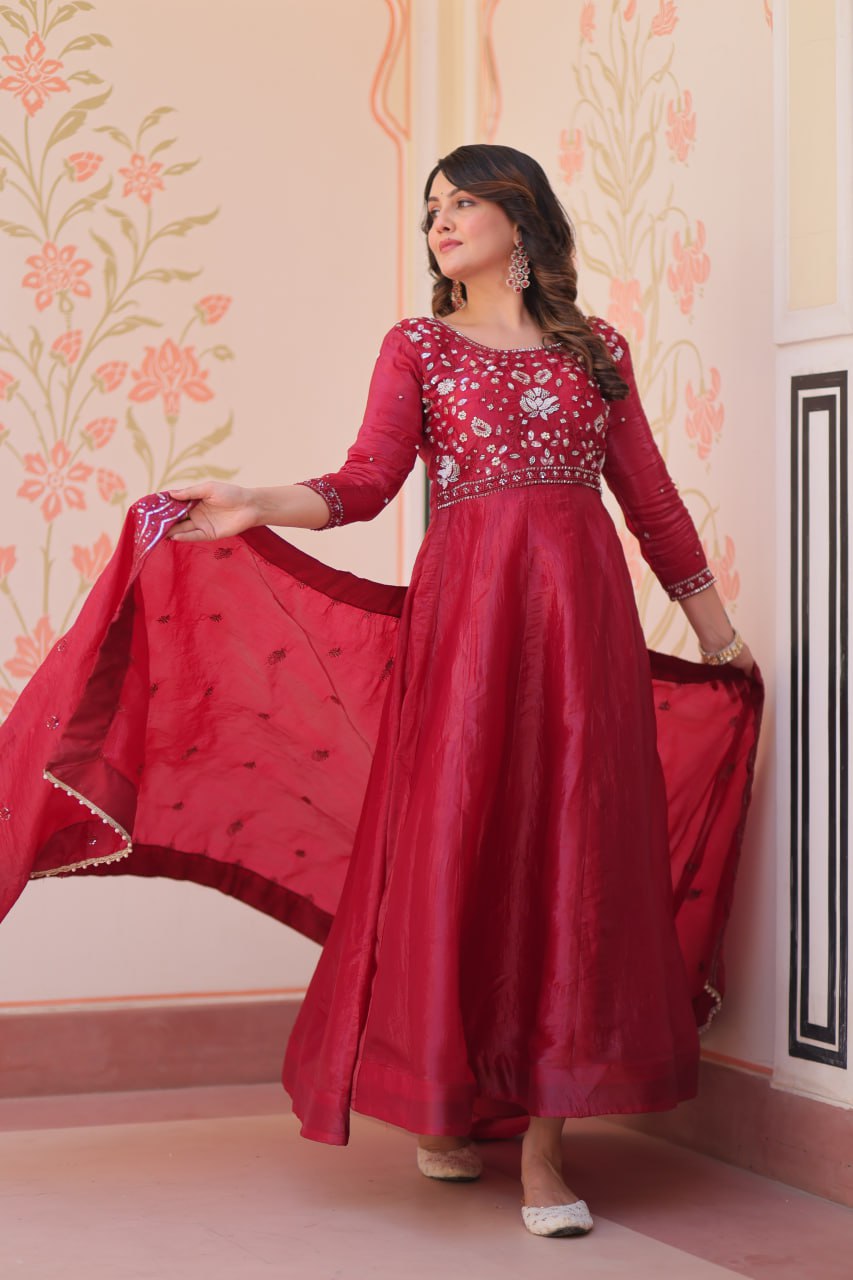 Dark Pink Colour Designer Anarkali Gown with Dupatta