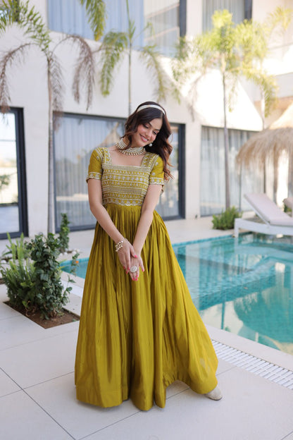 Mehendi Colour Designer Anarkali Gown with Dupatta