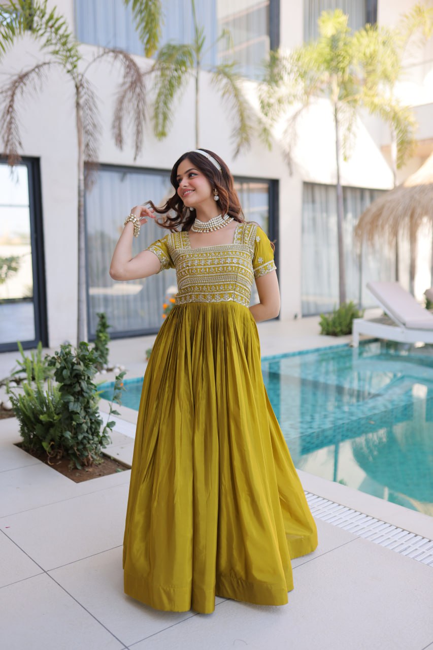 Mehendi Colour Designer Anarkali Gown with Dupatta