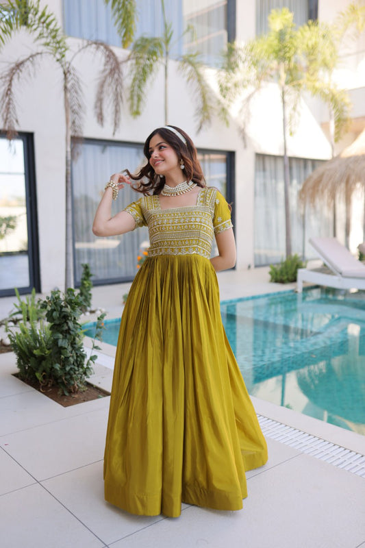 Mehendi Colour Designer Anarkali Gown with Dupatta
