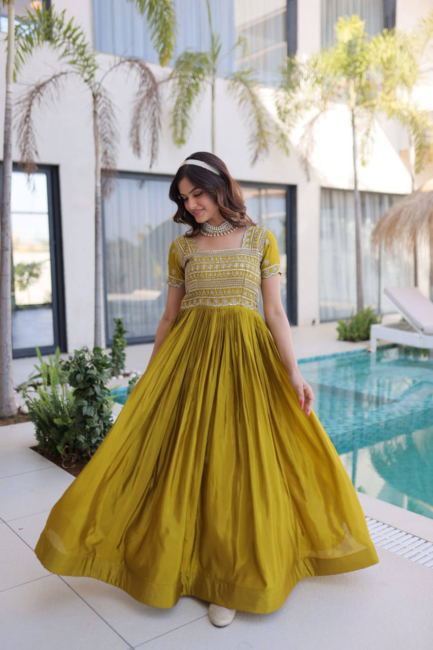 Mehendi Colour Designer Anarkali Gown with Dupatta