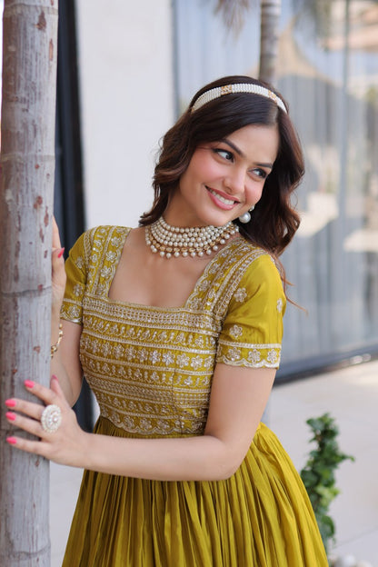 Mehendi Colour Designer Anarkali Gown with Dupatta