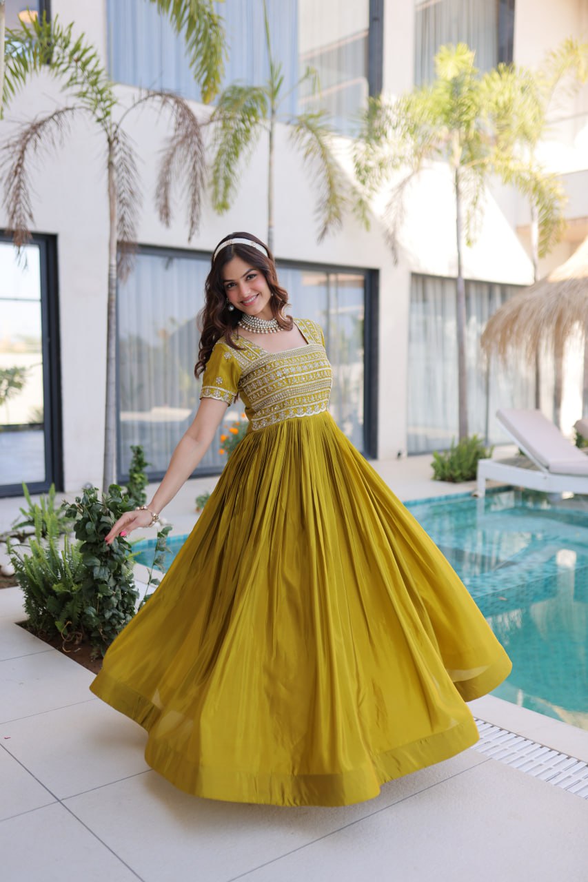 Mehendi Colour Designer Anarkali Gown with Dupatta