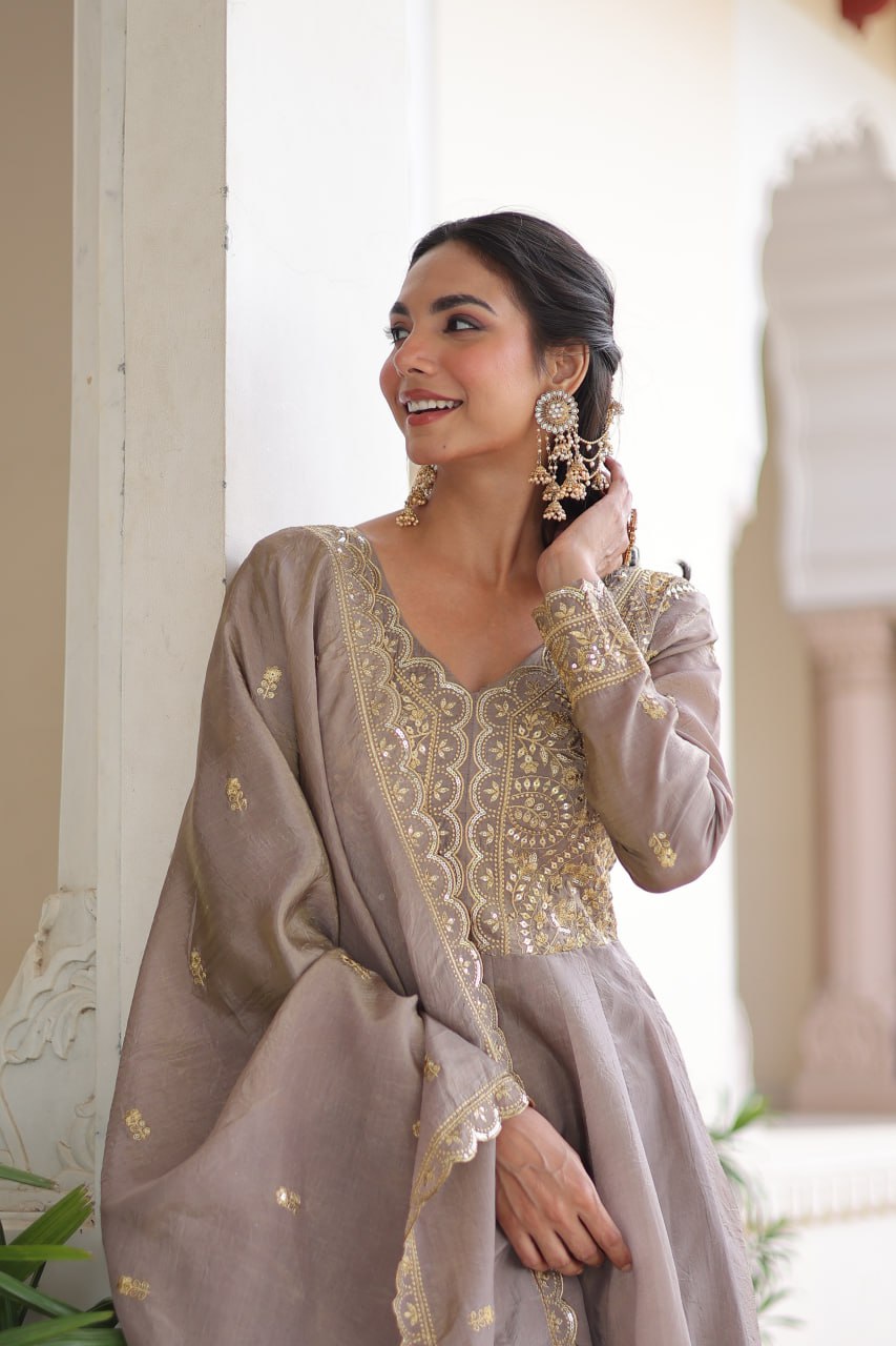 Coffee colour Designer Anarkali Gown with Dupatta