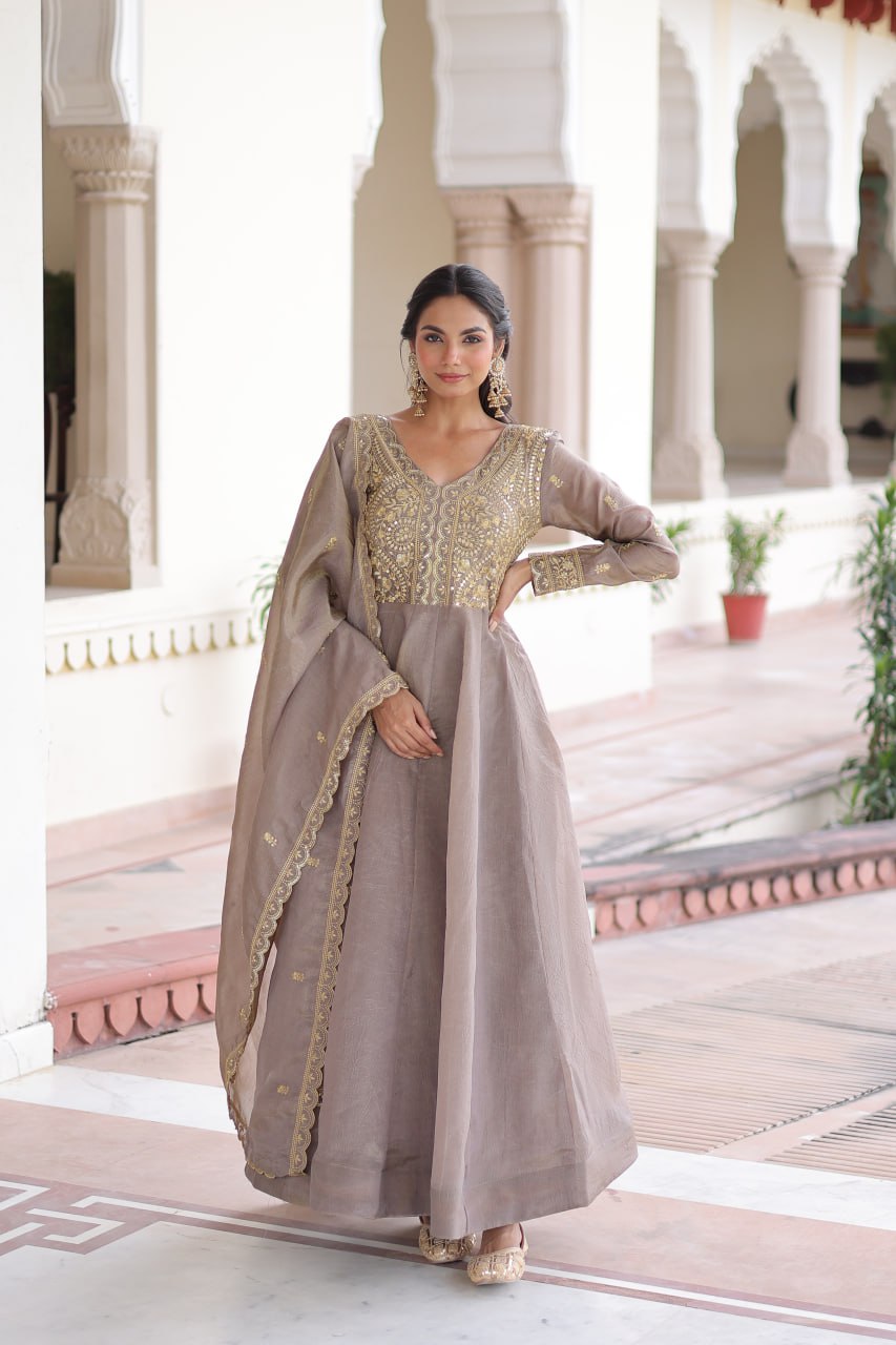 Coffee colour Designer Anarkali Gown with Dupatta