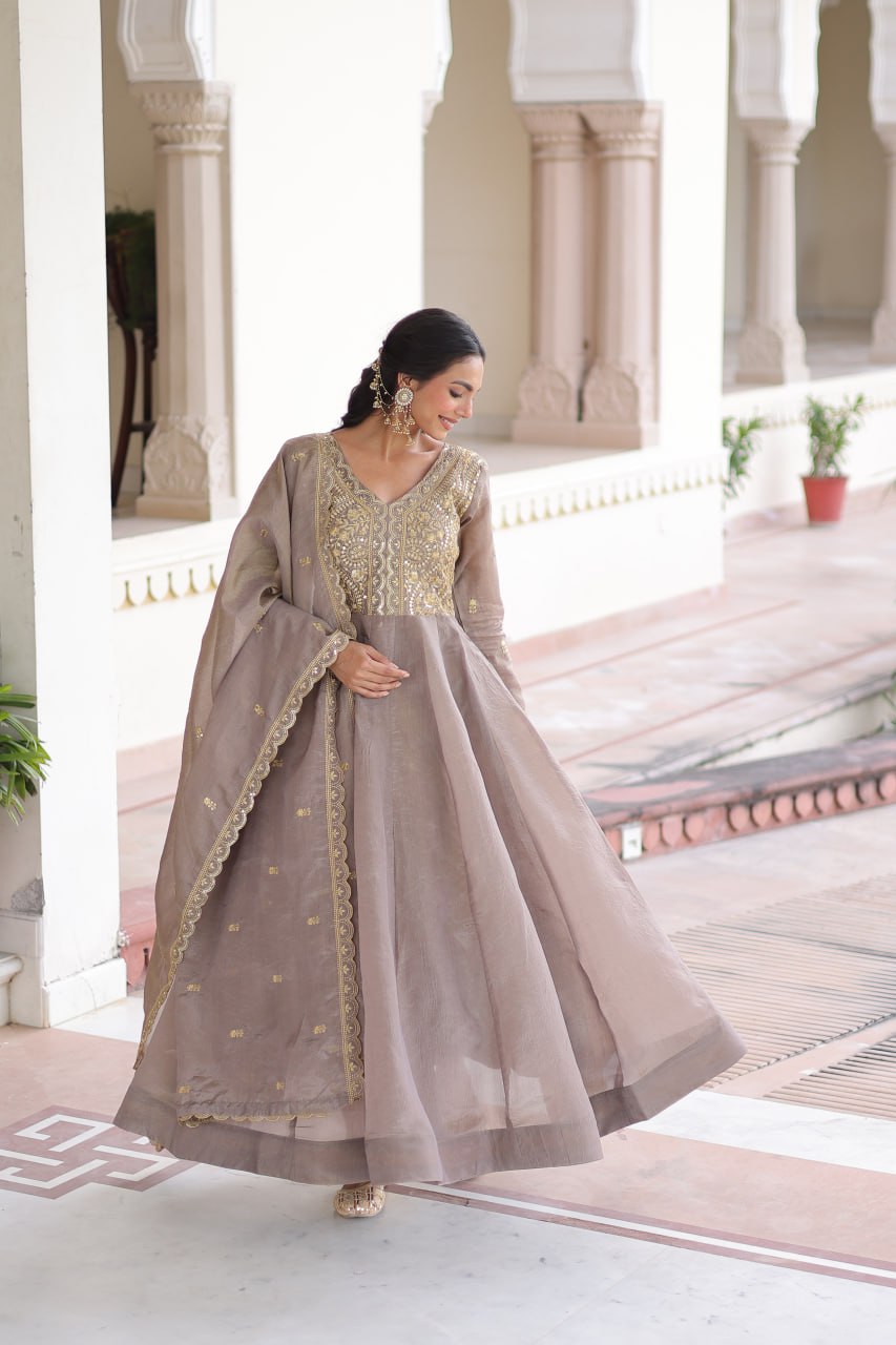 Coffee colour Designer Anarkali Gown with Dupatta