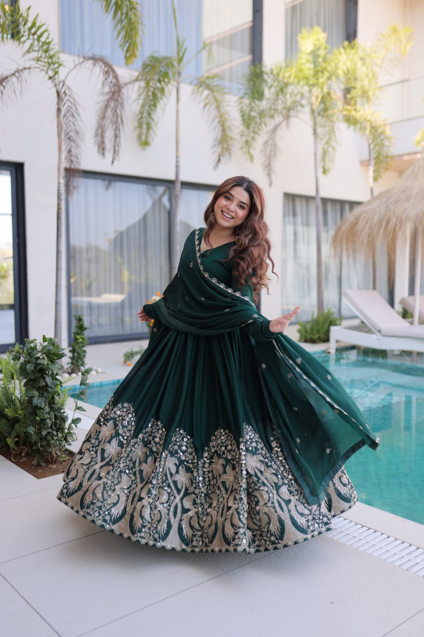 Green Colour Embroidered work Designer Anarkali Gown with Dupatta