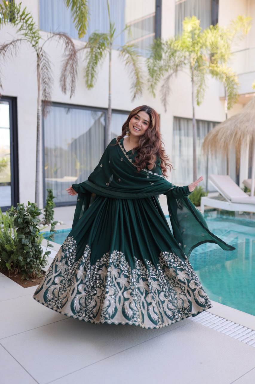 Green Colour Embroidered work Designer Anarkali Gown with Dupatta
