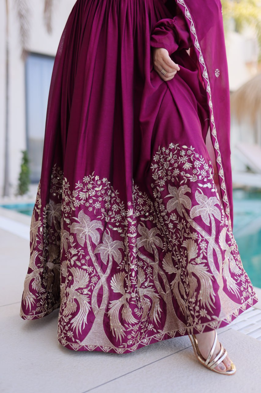 Wine Colour Embroidered work Designer Anarkali Gown with Dupatta