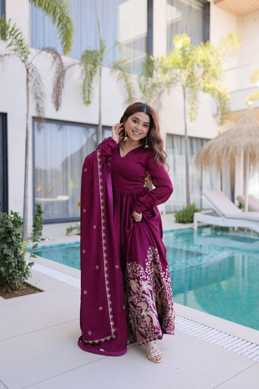 Wine Colour Embroidered work Designer Anarkali Gown with Dupatta