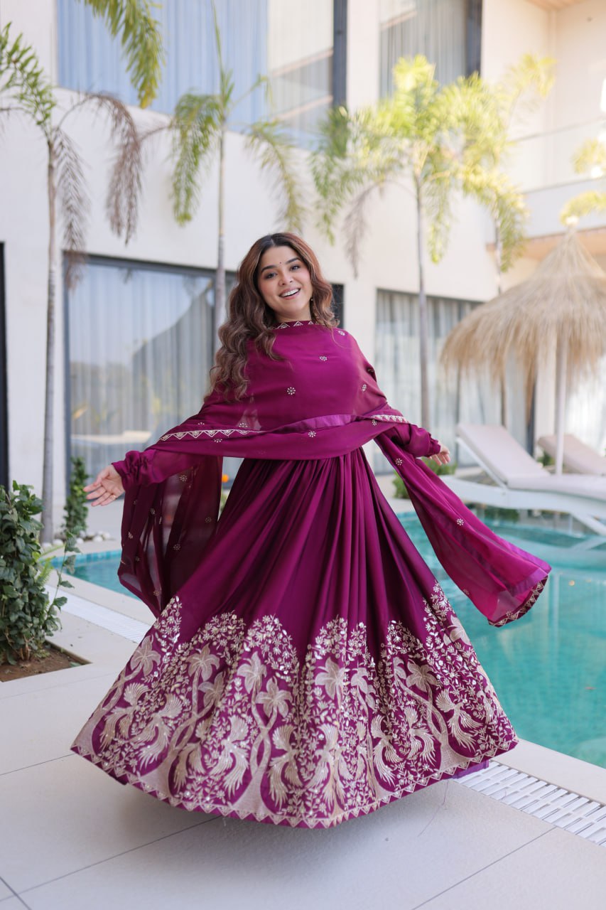 Wine Colour Embroidered work Designer Anarkali Gown with Dupatta