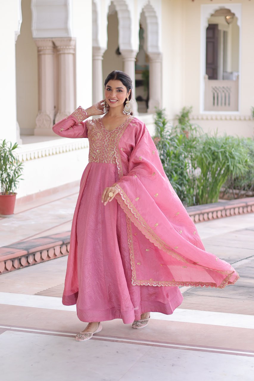 Pink colour Designer Anarkali Gown with Dupatta