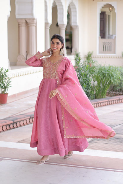 Pink colour Designer Anarkali Gown with Dupatta