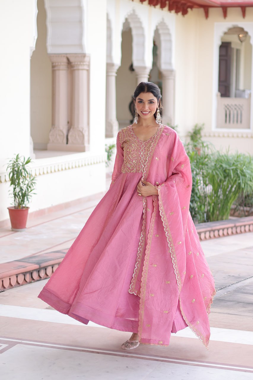 Pink colour Designer Anarkali Gown with Dupatta