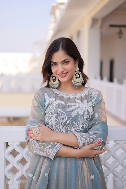 Sky Colour Fendi Satin Designer Anarkali Gown with Dupatta