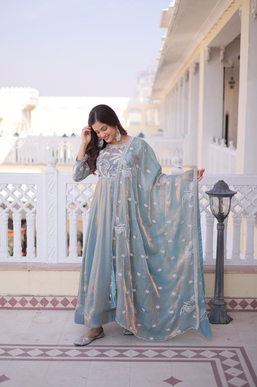 Sky Colour Fendi Satin Designer Anarkali Gown with Dupatta
