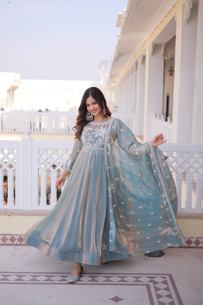 Sky Colour Fendi Satin Designer Anarkali Gown with Dupatta