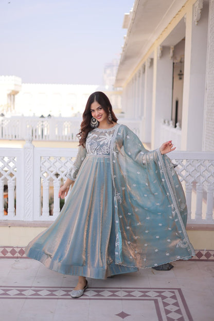 Sky Colour Fendi Satin Designer Anarkali Gown with Dupatta