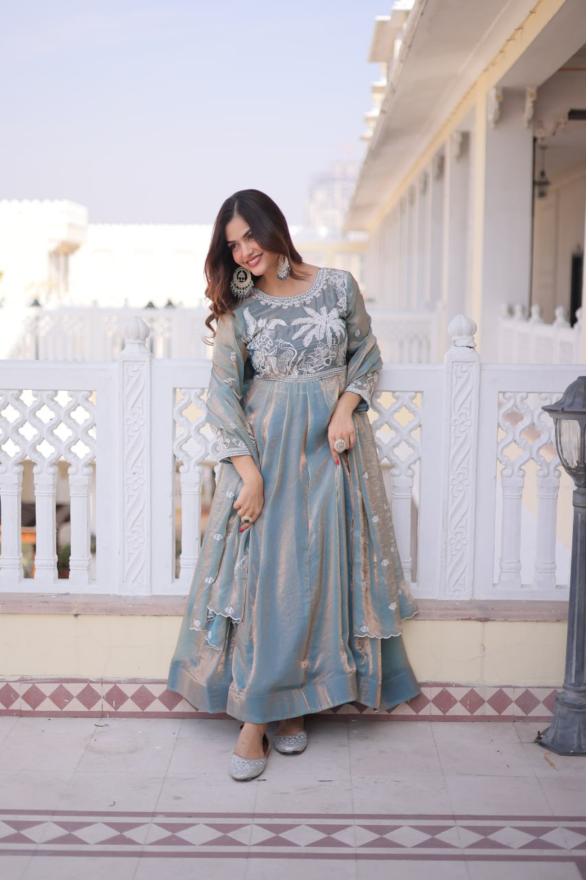 Sky Colour Fendi Satin Designer Anarkali Gown with Dupatta