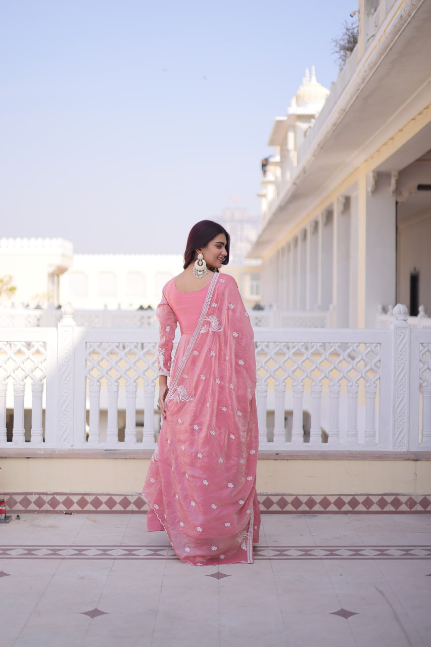 Pink Colour Fendi Satin Designer Anarkali Gown with Dupatta