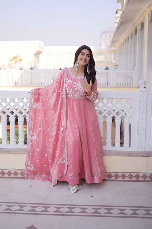 Pink Colour Fendi Satin Designer Anarkali Gown with Dupatta