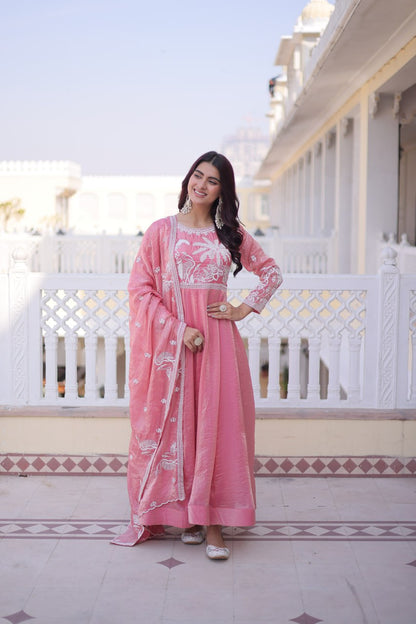Pink Colour Fendi Satin Designer Anarkali Gown with Dupatta