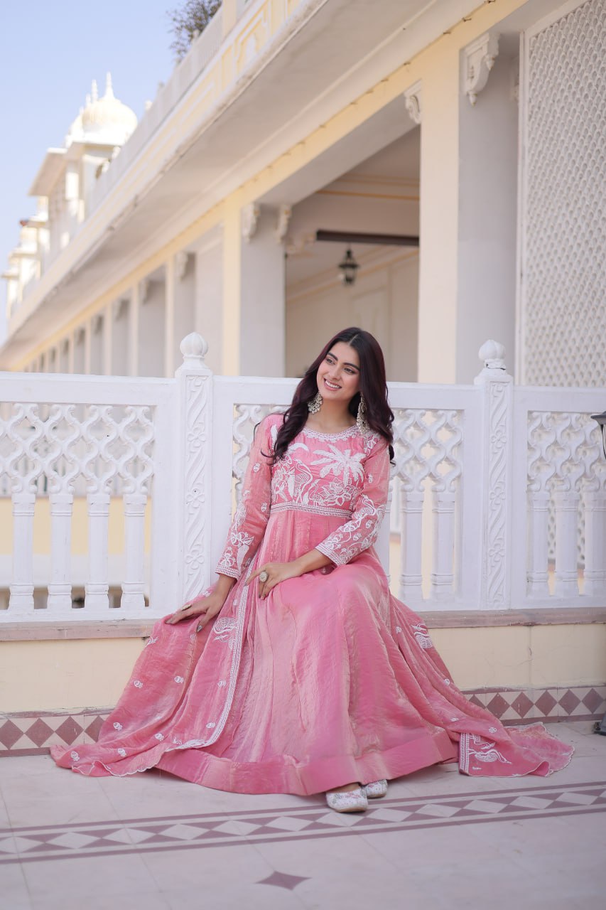 Pink Colour Fendi Satin Designer Anarkali Gown with Dupatta
