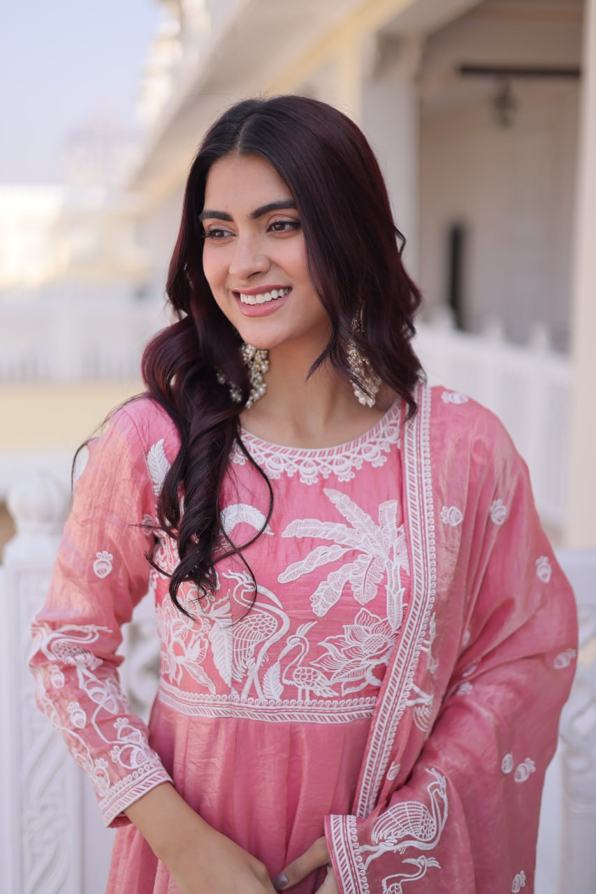 Pink Colour Fendi Satin Designer Anarkali Gown with Dupatta