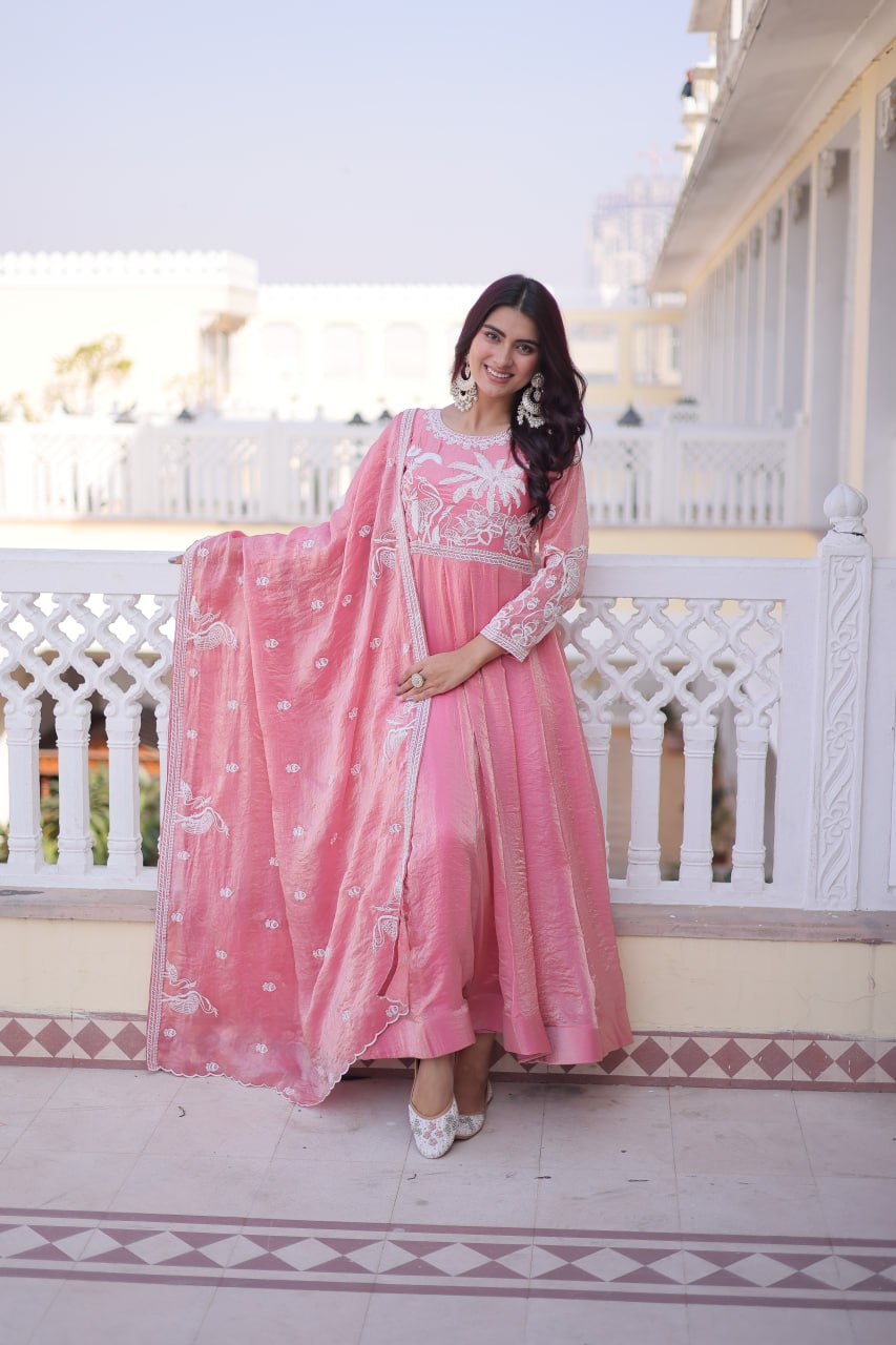 Pink Colour Fendi Satin Designer Anarkali Gown with Dupatta