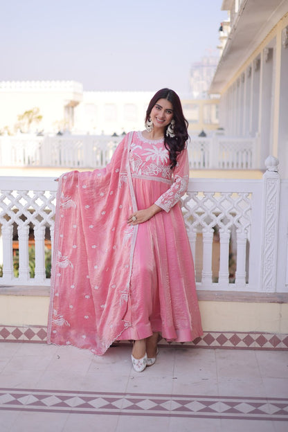 Pink Colour Fendi Satin Designer Anarkali Gown with Dupatta
