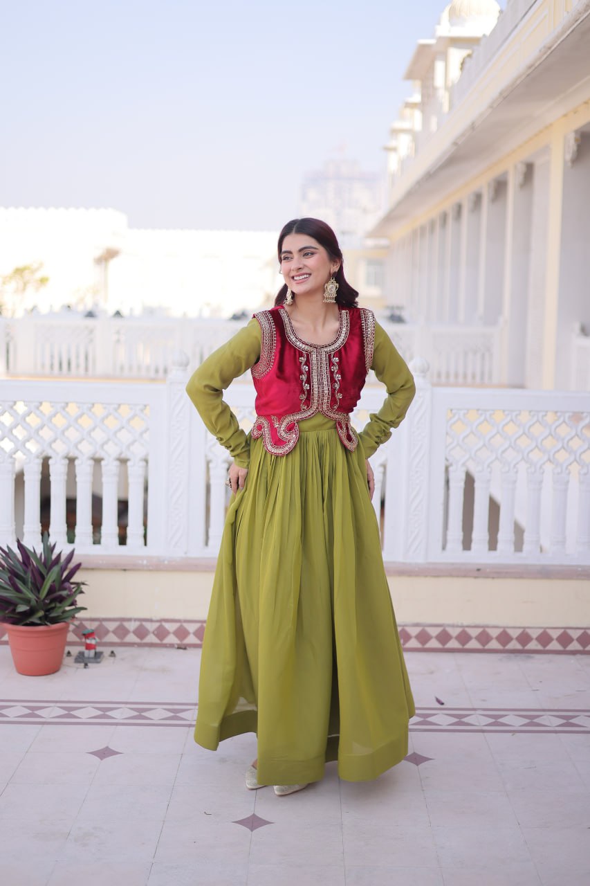 Parrot Green Colour Anarkali Gown with Koti