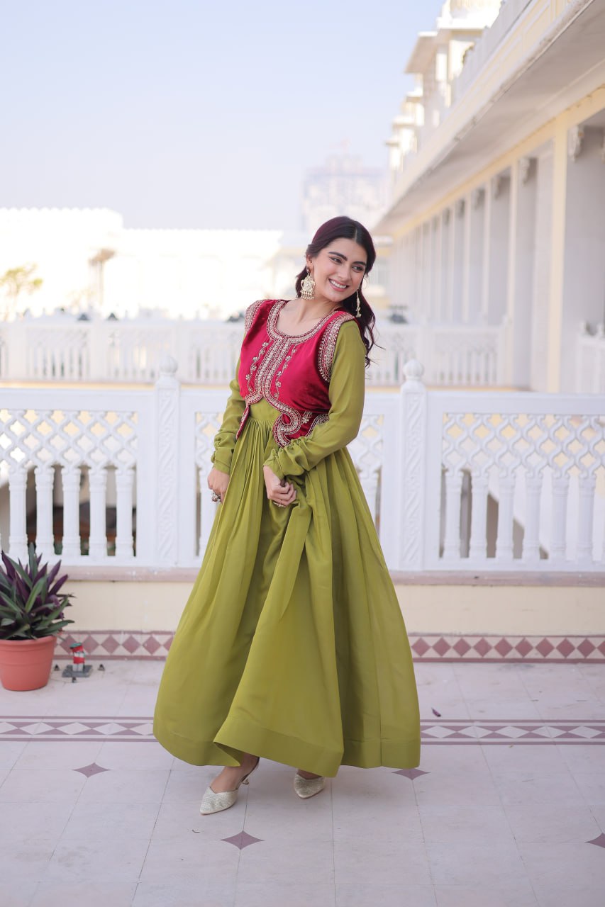 Parrot Green Colour Anarkali Gown with Koti