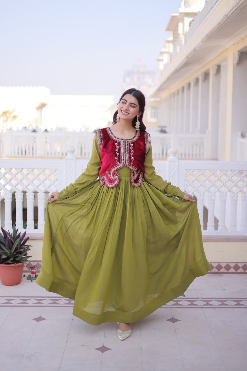 Parrot Green Colour Anarkali Gown with Koti