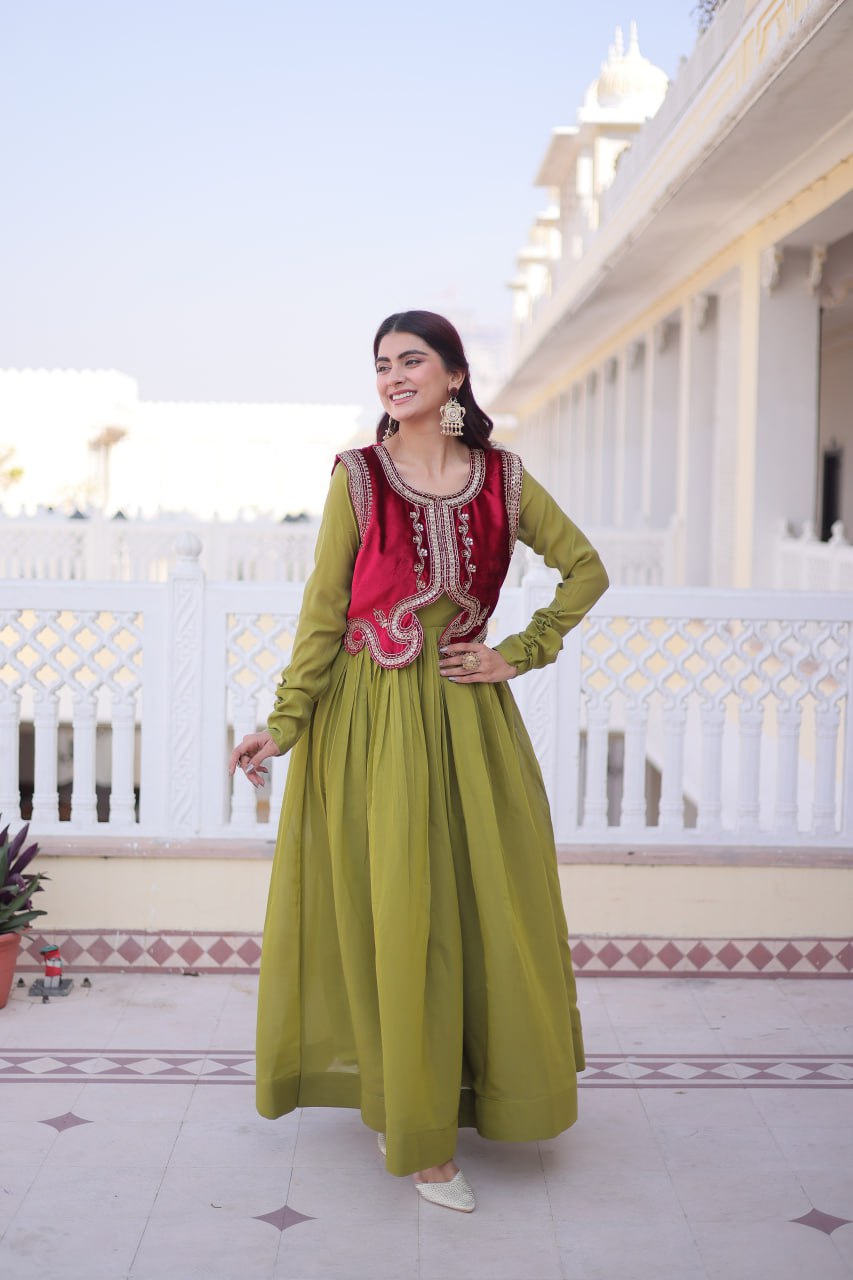 Parrot Green Colour Anarkali Gown with Koti