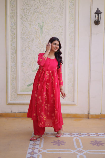 Rani Pink colour Anarkali kurti With Pant