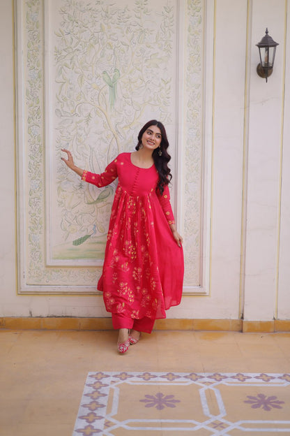 Rani Pink colour Anarkali kurti With Pant