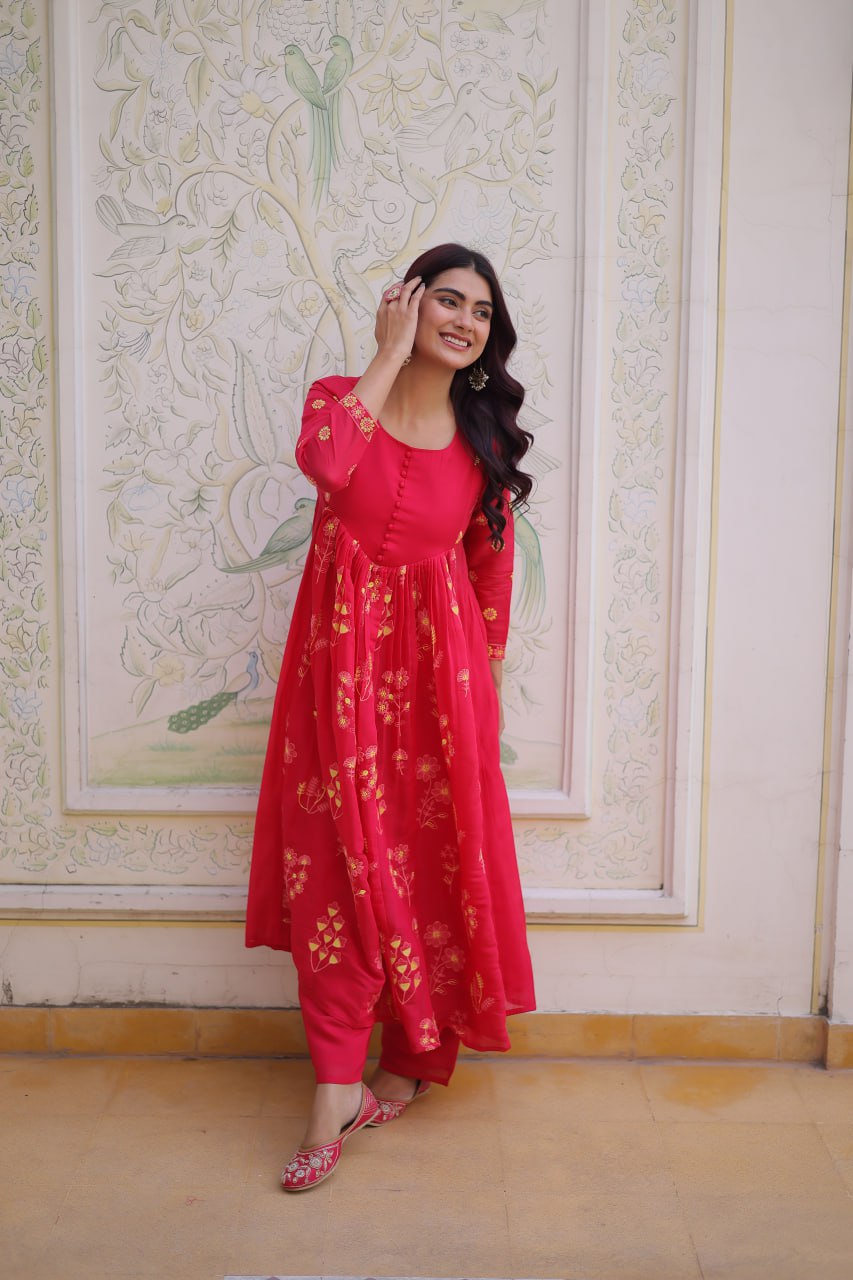 Rani Pink colour Anarkali kurti With Pant