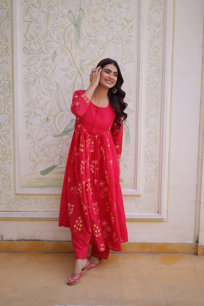 Rani Pink colour Anarkali kurti With Pant