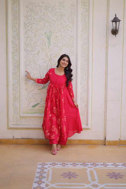 Rani Pink colour Anarkali kurti With Pant