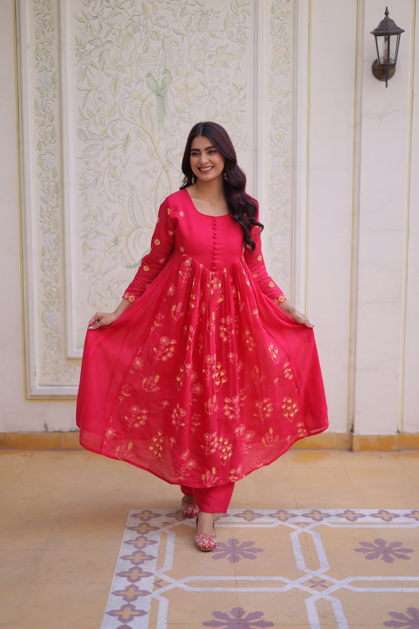 Rani Pink colour Anarkali kurti With Pant