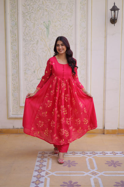 Rani Pink colour Anarkali kurti With Pant