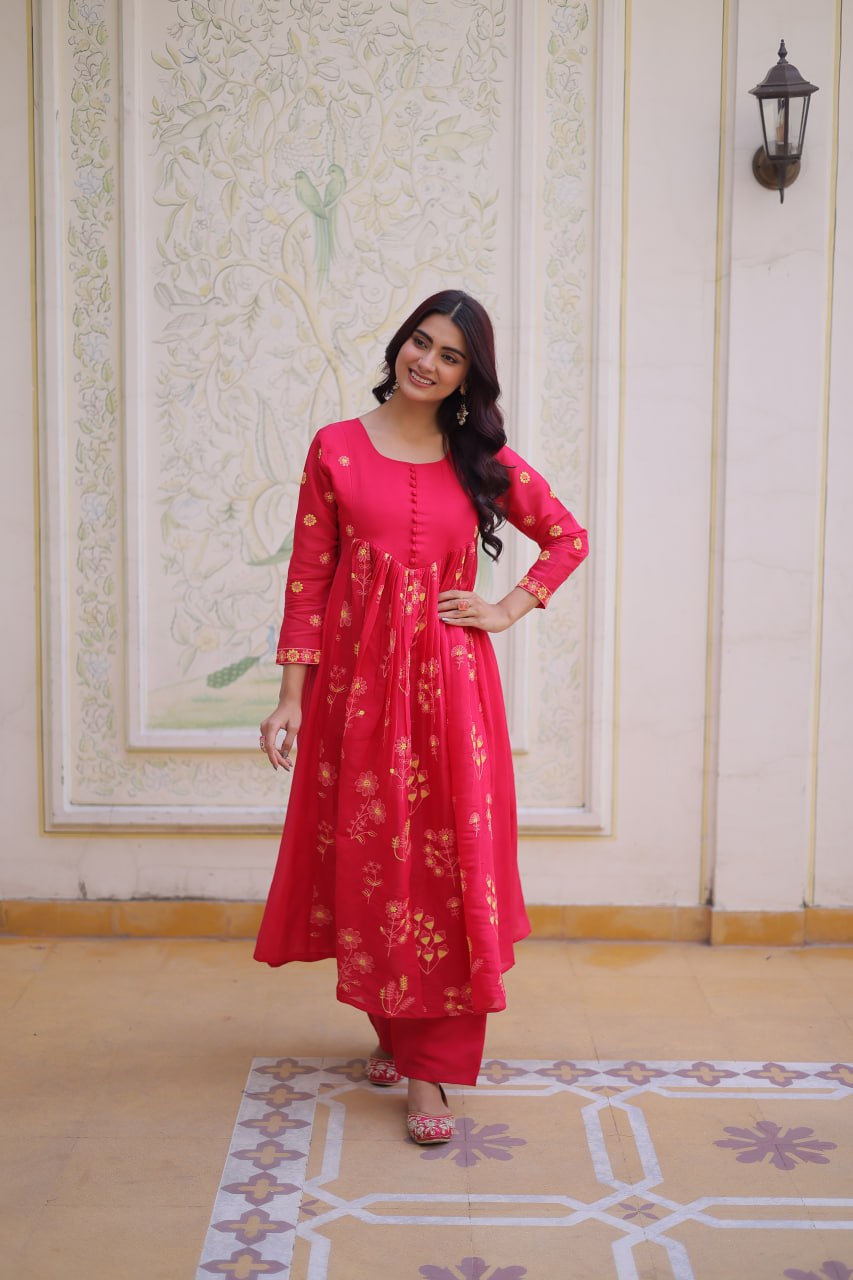 Rani Pink colour Anarkali kurti With Pant