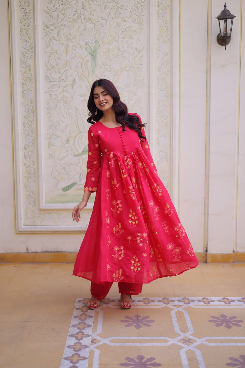Rani Pink colour Anarkali kurti With Pant