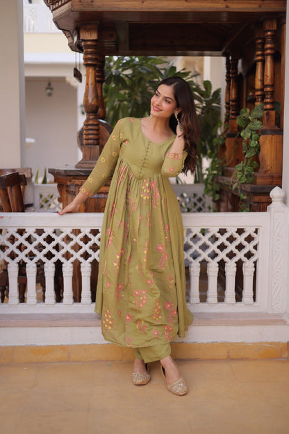 Olive Green Colour Anarkali Kurti With Pant