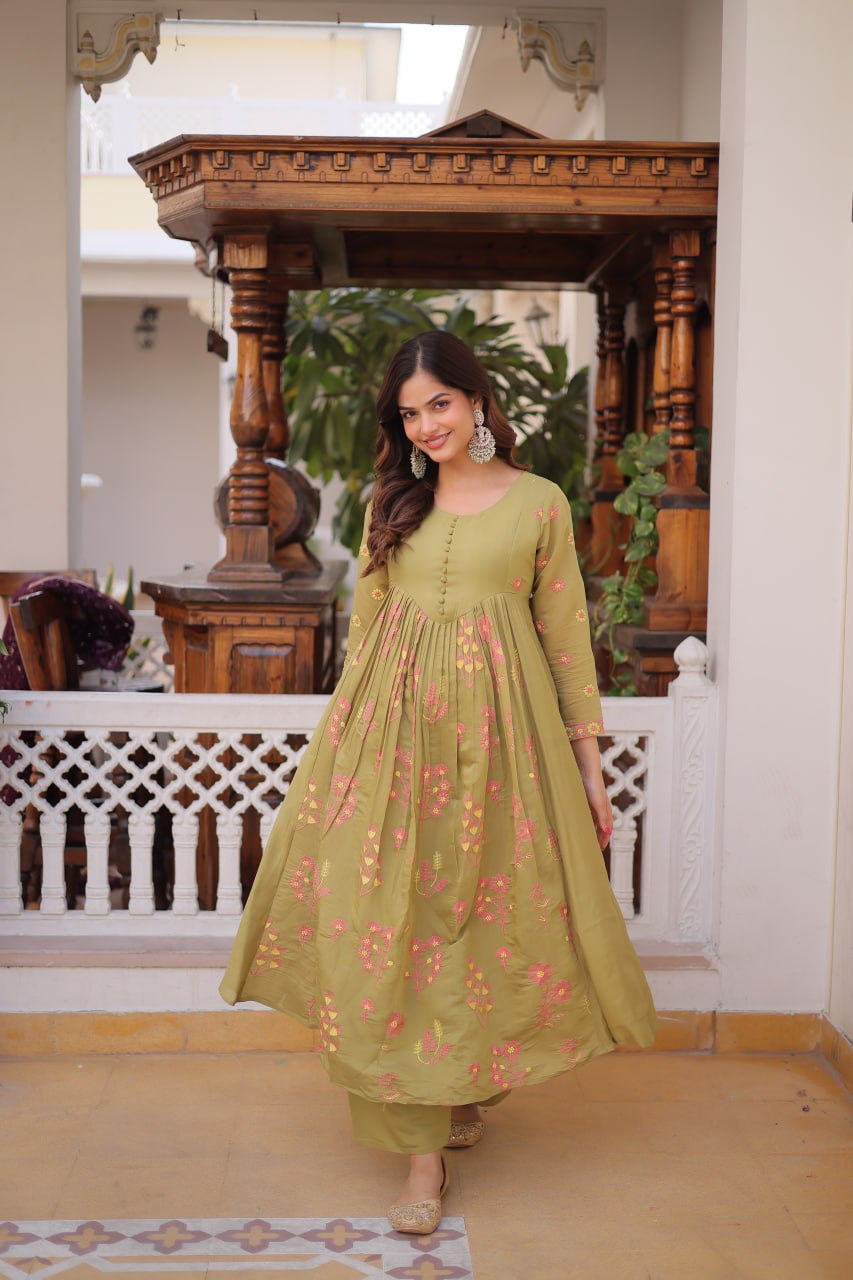 Olive Green Colour Anarkali Kurti With Pant